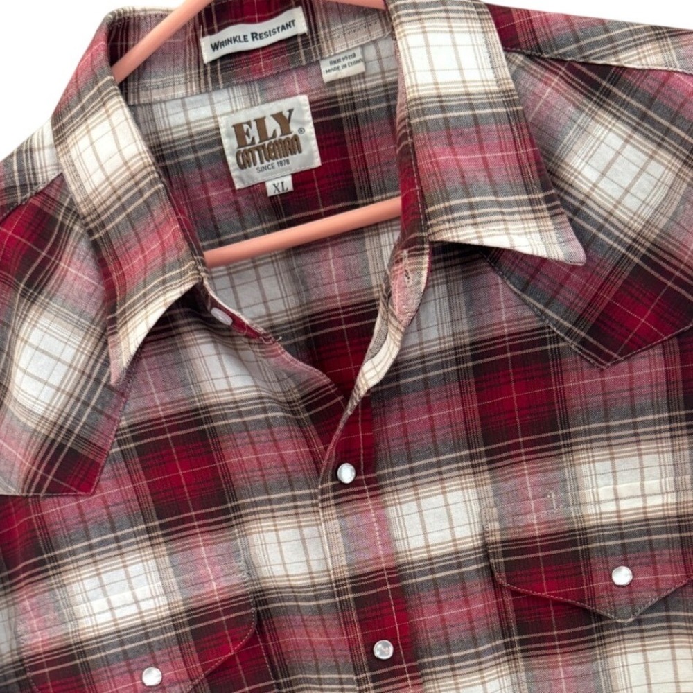 Ely Cattleman Mens XL Red Plaid Short Sleeve Pearl Snap Western Shirt